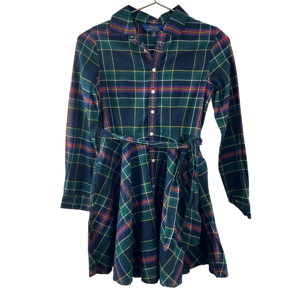 Polo Ralph Lauren Multi Mini Shirt Dress Cotton Plaid Collared Waist Tie Girl 12